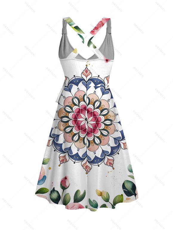 Vacation Couple Outfit Mandala Floral Print Crossover Belt Dress and Shirt Set - multicolor S | US 4