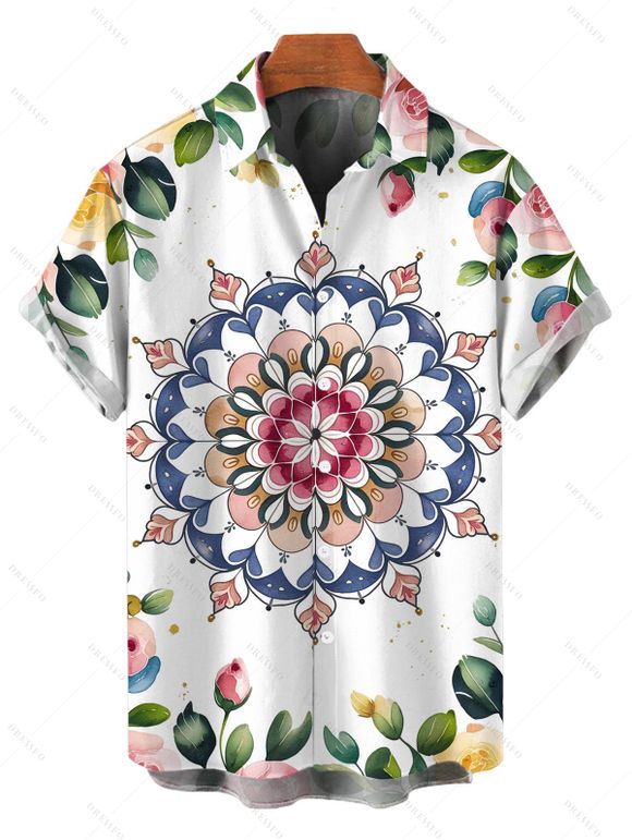 Vacation Couple Outfit Mandala Floral Print Crossover Belt Dress and Shirt Set - multicolor S | US 4