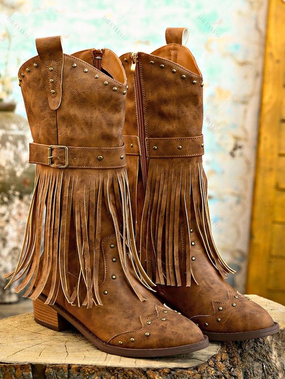 Western Style Outfit Suede Fringe Romper and Tassel Boots Feather Earrings Set - Brun S | US 4