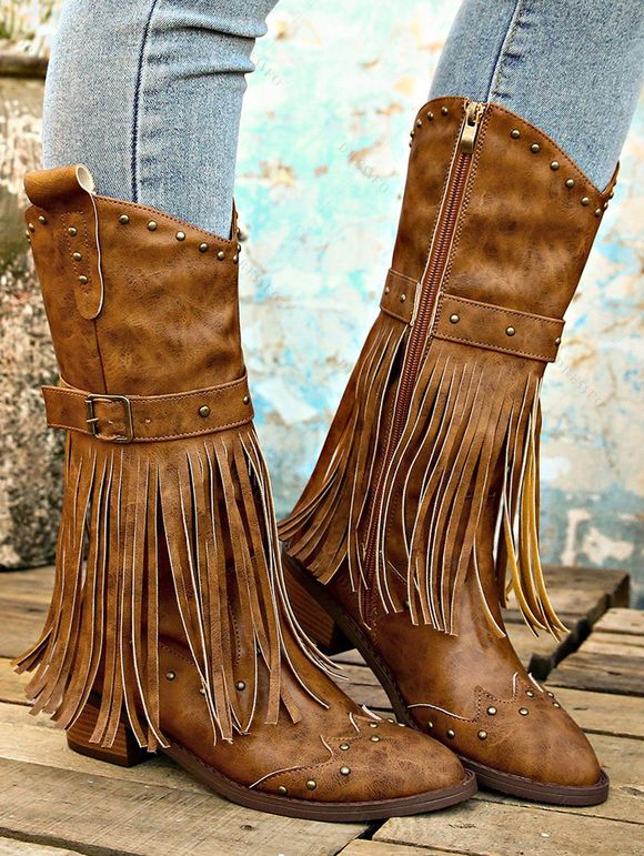 Western Style Outfit Suede Fringe Romper and Tassel Boots Feather Earrings Set - Brun S | US 4
