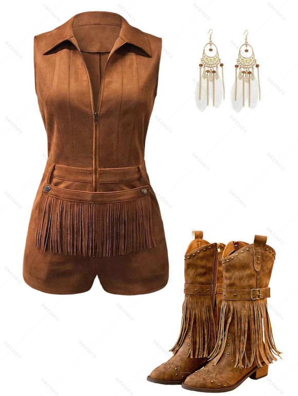 Western Style Outfit Suede Fringe Romper and Tassel Boots Feather Earrings Set - Brun S | US 4