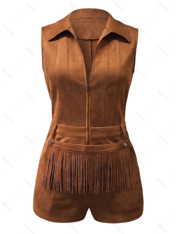 Western Style Outfit Suede Fringe Romper and Tassel Boots Feather Earrings Set - Brun S | US 4