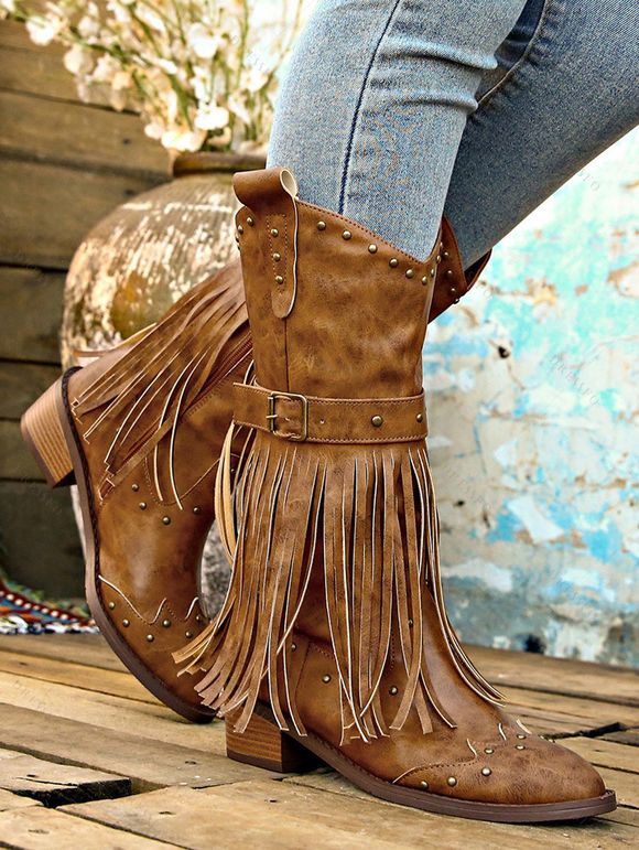 Western Style Outfit Suede Fringe Romper and Tassel Boots Feather Earrings Set - Brun S | US 4