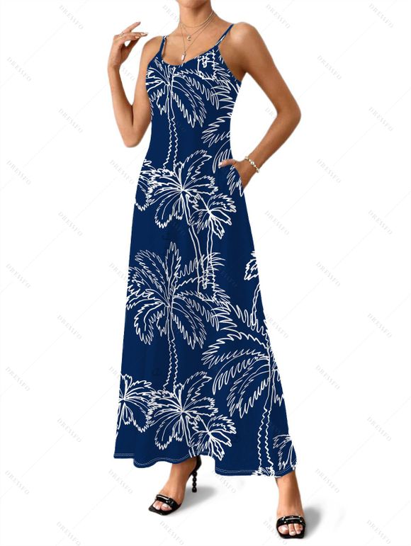 Robe de vacances à imprimé cocotiers, longue à fines bretelles spaghetti - Bleu Marine S | US 4