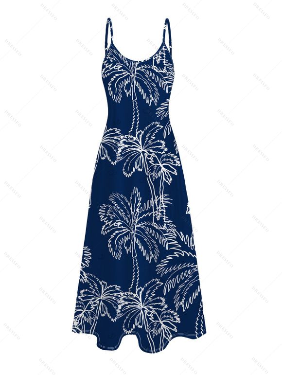 Vacation Couple Outfit Sketchy Coconut Tree Print Long Dress and Shirt Set - Bleu profond S | US 4