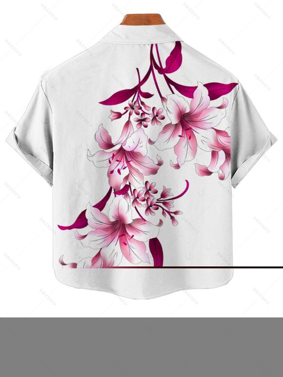 Chemise de vacances pour homme à motif floral de lys et de feuilles, boutonnée, manches courtes retroussées, style décontracté - Rouge foncé 5XL
