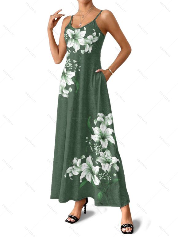 Robe de vacances à poches et imprimé floral Lily, bretelles spaghetti, coupe trapèze, longue et décontractée. - Vert profond M | US 6