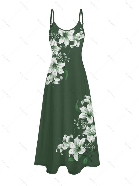 Robe de vacances à poches et imprimé floral Lily, bretelles spaghetti, coupe trapèze, longue et décontractée. - Vert profond M | US 6