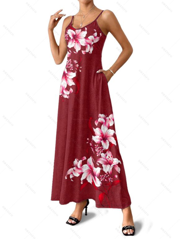 Robe de vacances à poches et imprimé floral Lily, bretelles spaghetti, coupe trapèze, longue et décontractée. - Rouge foncé XXXXXL | US 20