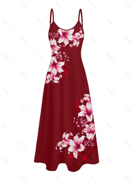 Robe de vacances à poches et imprimé floral Lily, bretelles spaghetti, coupe trapèze, longue et décontractée. - Rouge foncé XXXXXL | US 20