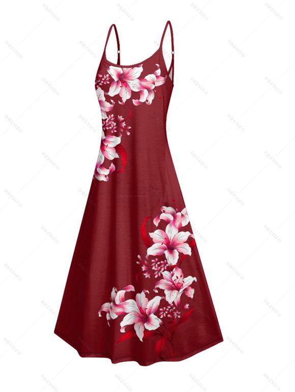 Robe de vacances à poches et imprimé floral Lily, bretelles spaghetti, coupe trapèze, longue et décontractée. - Rouge foncé XXXXXL | US 20