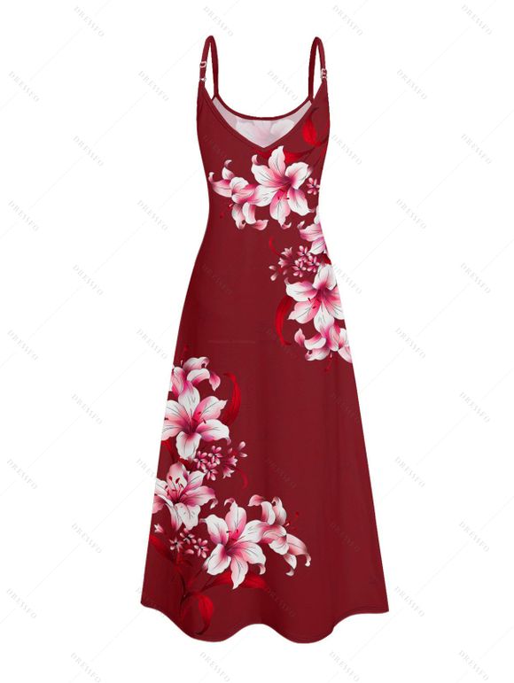 Robe de vacances à poches et imprimé floral Lily, bretelles spaghetti, coupe trapèze, longue et décontractée. - Rouge foncé XXXXXL | US 20
