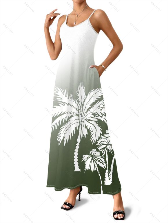 Robe de vacances longue à bretelles spaghetti et imprimé ombré de cocotiers - Vert Armée S | US 4