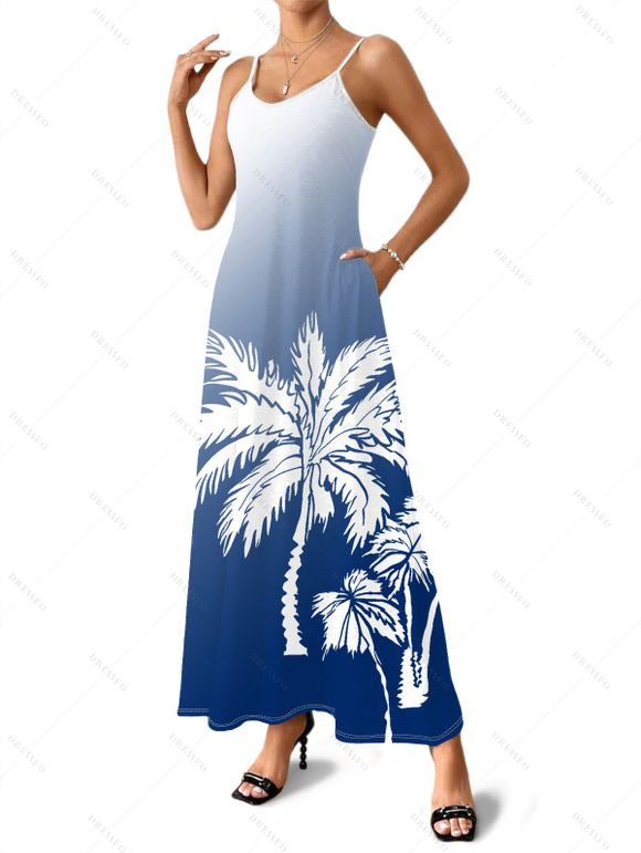 Vacation Couple Outfit Ombre Coconut Tree Pattern Long Dress and Shirt Set - Bleu profond S | US 4