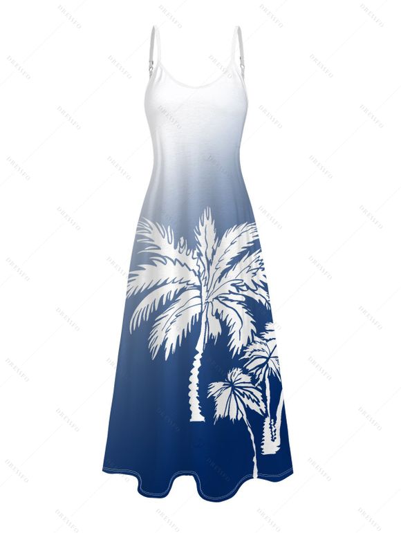 Robe de vacances longue à bretelles spaghetti et imprimé ombré de cocotiers - Bleu profond XXXXXL | US 20