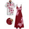 Vacation Couple Outfit Lily Floral Leaf Pattern Pocket Spaghetti Strap A Line Long Tank Dress and Button Up Shirt Casual Matching Outfit - Rouge foncé S | US 4