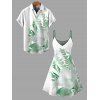 Vacation Couple Outfit Hibiscus Flower Leaf Print Spaghetti Strap Dress and Shirt Set - Vert clair S | US 4