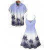 Vacation Couple Outfit Ombre Coconut Tree Pattern Spaghetti Strap V Neck A Line Mini Tank Dress and Button Up Shirt Beach Matching Outfit - Pourpre S | US 4