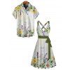Vacation Couple Outfit Daisy Lavender Floral Print Crossover Belt Dress and Shirt Set - Vert S | US 4