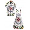 Vacation Couple Outfit Mandala Floral Print Crossover Belt Dress and Shirt Set - multicolor S | US 4