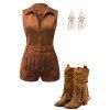 Western Style Outfit Suede Fringe Romper and Tassel Boots Feather Earrings Set - Brun S | US 4