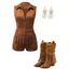 Western Style Outfit Suede Fringe Romper and Tassel Boots Feather Earrings Set - Brun S | US 4