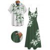 Vacation Couple Outfit Lily Floral Leaf Pattern Pocket Spaghetti Strap A Line Long Tank Dress and Button Up Shirt Casual Matching Outfit - Vert profond S | US 4