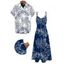 Vacation Couple Outfit Sketchy Coconut Tree Print Long Dress and Shirt Set - Bleu profond S | US 4