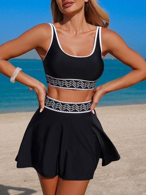 Ensemble de maillot de bain tankini de plage, soutien-gorge à imprimé zigzag et jupe fendue à poches