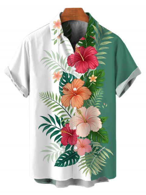 Chemise de vacances pour homme à boutons, imprimé floral hibiscus et feuilles tropicales colorblock