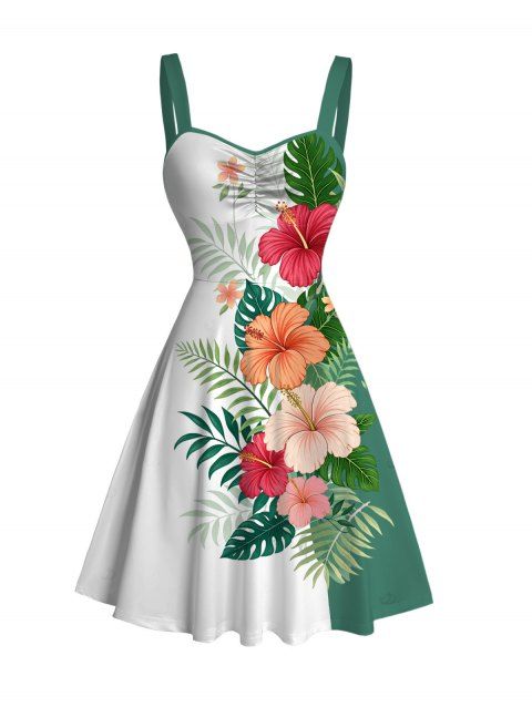 Robe de vacances à imprimé floral hibiscus et feuilles tropicales colorblock, buste froncé
