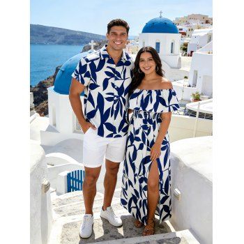 Tropical Leaf Matching Couple Vacation Outfit Off Shoulder Slit Maxi Dress and Hawaiian Shirt Set