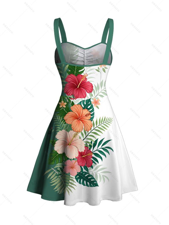 Robe de vacances à imprimé floral hibiscus et feuilles tropicales colorblock, buste froncé - Turquoise Foncée L | US 8-10