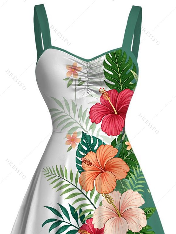 Robe de vacances à imprimé floral hibiscus et feuilles tropicales colorblock, buste froncé - Turquoise Foncée L | US 8-10
