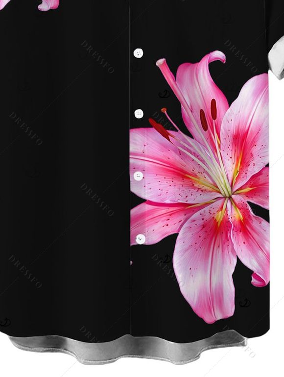 Chemise de vacances pour homme, chemise boutonnée à imprimé floral lys - Noir 5XL