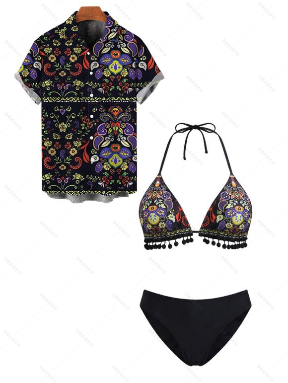 Vacation Couple Outfit Paisley Ethnic Print Tassel Halter Bikini Swimsuit and Shirt Set - Noir S | US 4