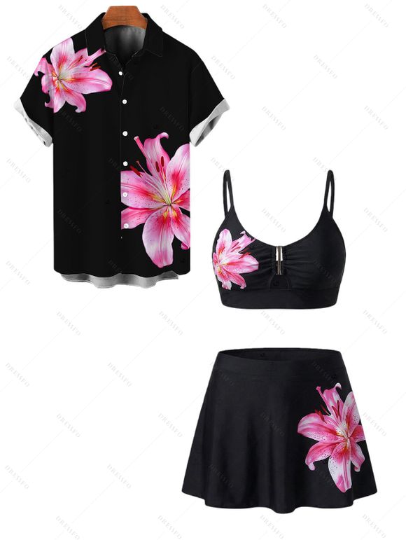 Vacation Couple Outfit Lily Floral Print Underwire Swimsuit and Shirt Set - Noir S | US 4