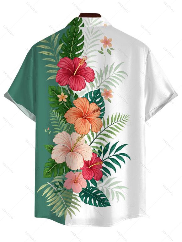 Vacation Couple Outfit Colorblock Hibiscus Floral Tropical Leaf Print Ruched Dress and Shirt Set - Turquoise Foncée S | US 4