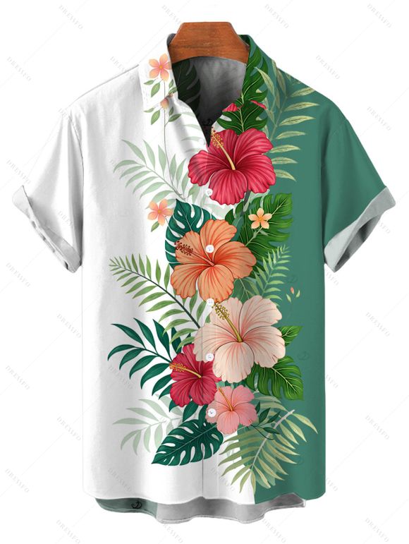 Vacation Couple Outfit Colorblock Hibiscus Floral Tropical Leaf Print Ruched Dress and Shirt Set - Turquoise Foncée S | US 4