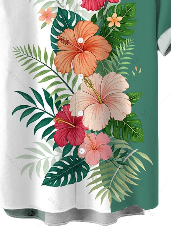 Chemise de vacances pour homme à boutons, imprimé floral hibiscus et feuilles tropicales colorblock - Turquoise Foncée L