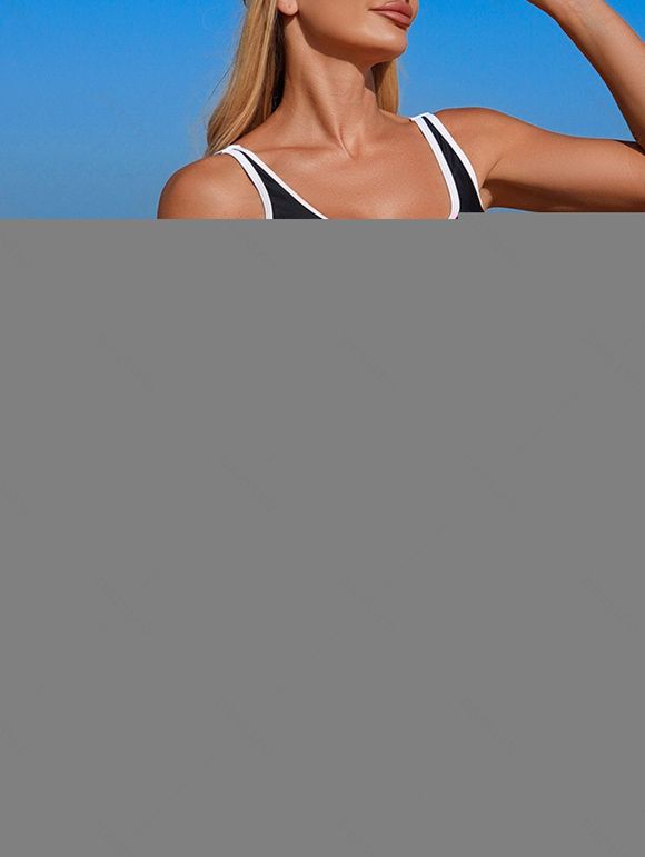 Ensemble de maillot de bain tankini de plage, soutien-gorge à imprimé zigzag et jupe fendue à poches - Noir S | US 4