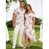Garden Wedding Couple Outfit Rose Leaf Print Ruffle Bowknot Wrap Dress and Shirt Set - Rose S | US 4