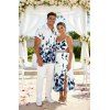 Garden Wedding Couple Outfit Abstract Floral Splatter Print Lace Hollow Out Slit Dress and Shirt Set - Bleu Marine S | US 4