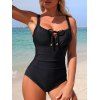 Maillot de bain une pièce de plage, couleur unie, décolleté en V, nœud papillon froncé - Noir XXL | US 12