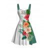 Robe de vacances à imprimé floral hibiscus et feuilles tropicales colorblock, buste froncé - Turquoise Foncée L | US 8-10