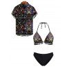 Vacation Couple Outfit Paisley Ethnic Print Tassel Halter Bikini Swimsuit and Shirt Set - Noir S | US 4