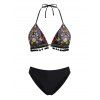 Vacation Couple Outfit Paisley Ethnic Print Tassel Halter Bikini Swimsuit and Shirt Set - Noir S | US 4