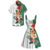 Vacation Couple Outfit Colorblock Hibiscus Floral Tropical Leaf Print Ruched Dress and Shirt Set - Turquoise Foncée S | US 4