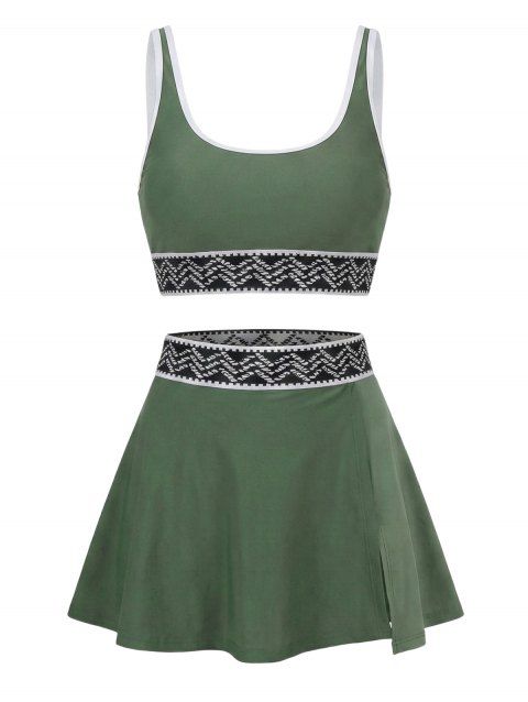 Ensemble de maillot de bain tankini de plage, soutien-gorge à imprimé zigzag et jupe fendue à poches