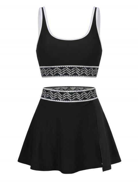 Ensemble de maillot de bain tankini de plage, soutien-gorge à imprimé zigzag et jupe fendue à poches